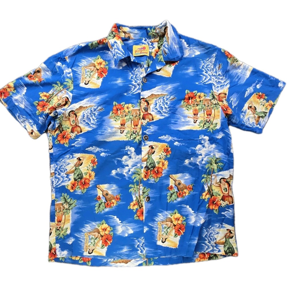 Vintage‎ Paradise on a Hanger Hawaiian Shirt XL Blue Cotton Made USA Camp Shirt